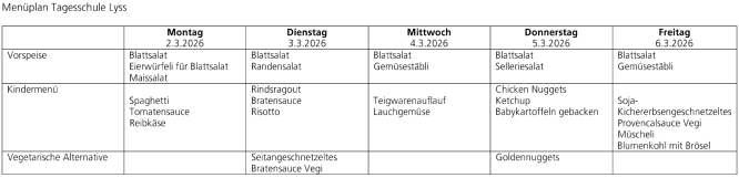 Menüplan Tagesschule
