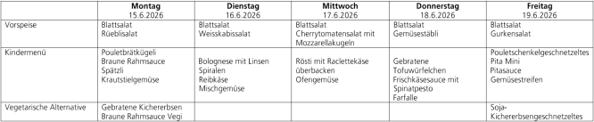 Menüplan Tagesschule