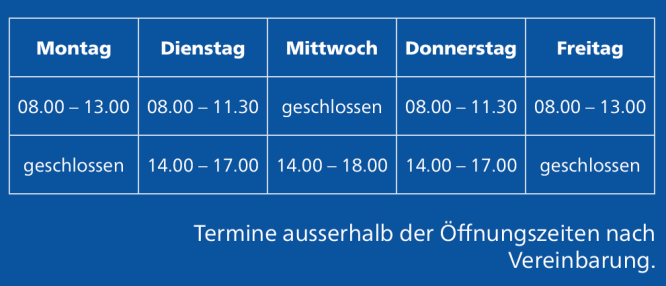Übersicht mit den Öffnungszeiten