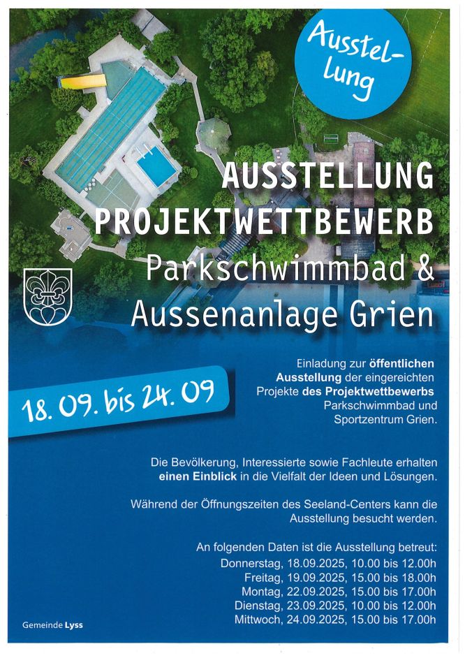 Flyer Ausstellung Wettbewerbsprojekte Grien/Parkschwimmbad vom 18.09. - 24.09.2025
